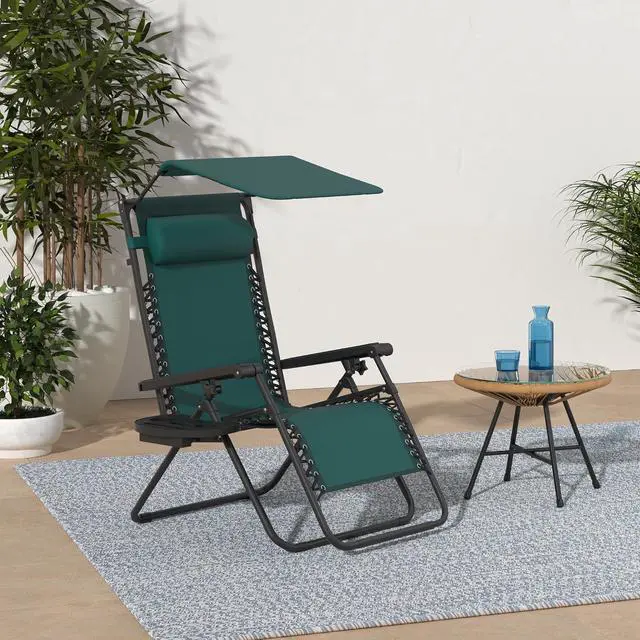 Alt view image 2 of 7 - Folding Zero Gravity Outdoor Recliner Patio Lounge Chair w/Adjustable Canopy Shade, Headrest, Side Accessory Tray, Textilene Mesh - Forest Green