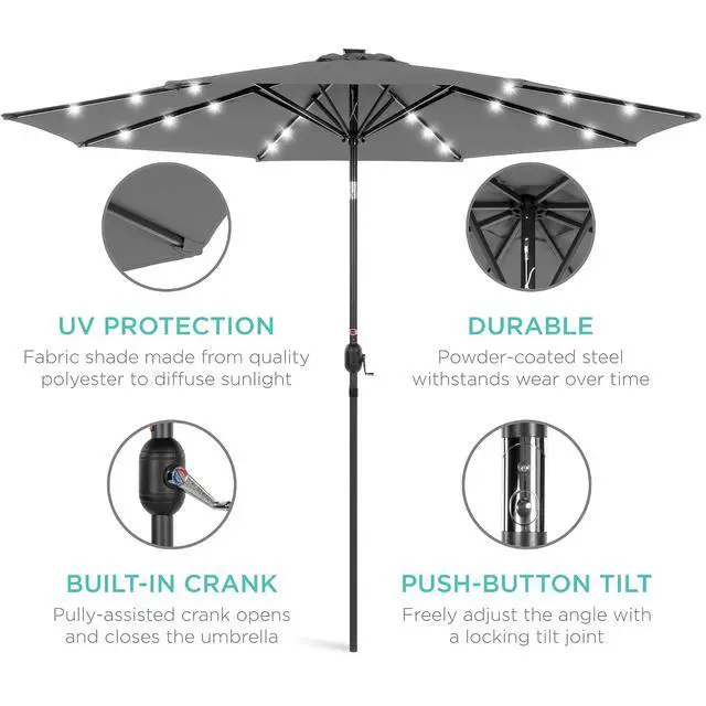Alt view image 5 of 7 - 10ft Solar Polyester LED Lighted Patio Umbrella w/Tilt Adjustment and UV-Resistant Fabric - Gray