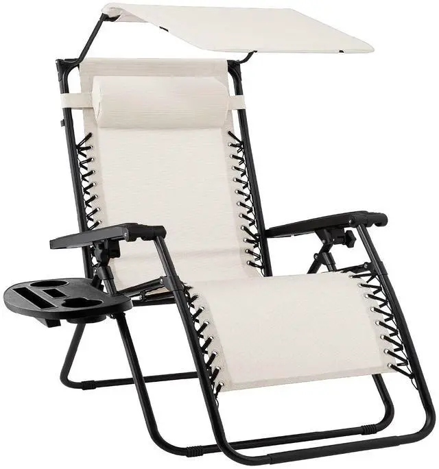 Main image of Folding Zero Gravity Outdoor Recliner Patio Lounge Chair w/Adjustable Canopy Shade, Headrest, Side Accessory Tray, Textilene Mesh - Ivory