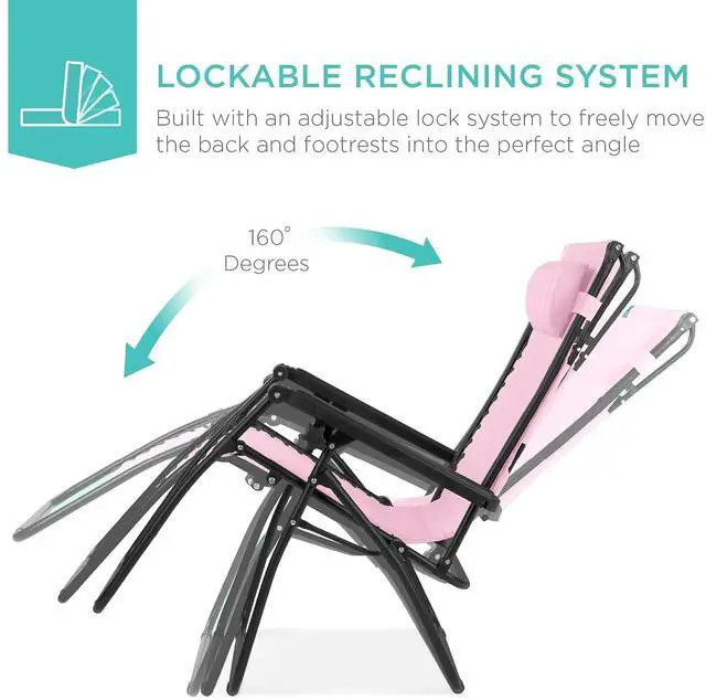 Alt view image 3 of 7 - Folding Zero Gravity Outdoor Recliner Patio Lounge Chair w/Adjustable Canopy Shade, Headrest, Side Accessory Tray, Textilene Mesh - Bubblegum Pink