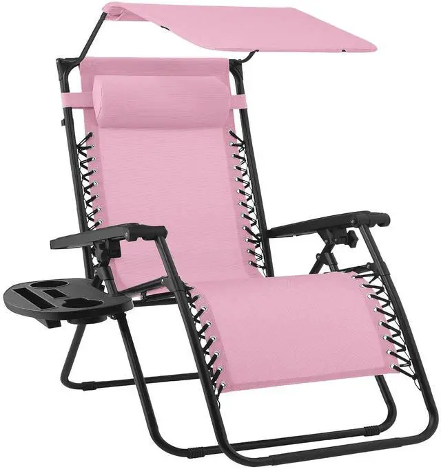 Main image of Folding Zero Gravity Outdoor Recliner Patio Lounge Chair w/Adjustable Canopy Shade, Headrest, Side Accessory Tray, Textilene Mesh - Bubblegum Pink