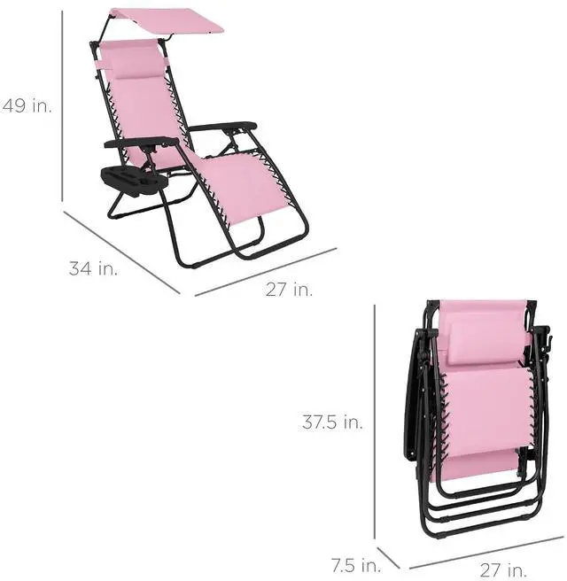 Alt view image 2 of 7 - Folding Zero Gravity Outdoor Recliner Patio Lounge Chair w/Adjustable Canopy Shade, Headrest, Side Accessory Tray, Textilene Mesh - Bubblegum Pink
