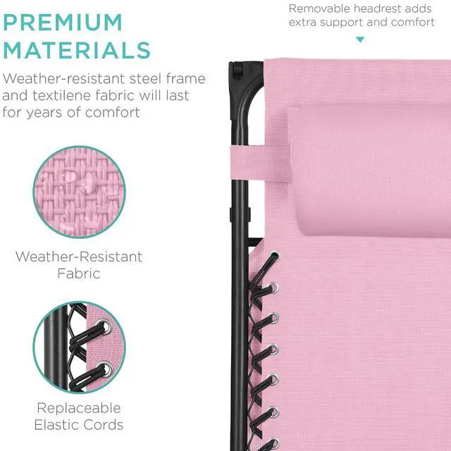Alt view image 5 of 7 - Folding Zero Gravity Outdoor Recliner Patio Lounge Chair w/Adjustable Canopy Shade, Headrest, Side Accessory Tray, Textilene Mesh - Bubblegum Pink