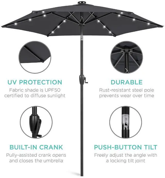 Alt view image 5 of 7 - 7.5ft Solar Umbrella LED Lighted Patio Umbrella, Table Market Umbrella with Tilt and Crank, Outdoor Umbrella for Garden, Deck, Backyard, Pool and Beach - Gray