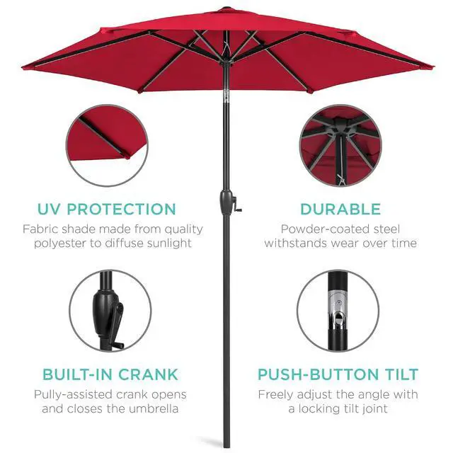 Alt view image 5 of 7 - 7.5ft Heavy-Duty Round Outdoor Market Table Patio Umbrella w/Steel Pole, Push Button Tilt, Easy Crank Lift - Red
