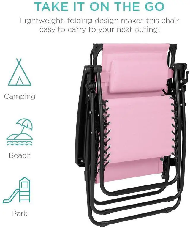Alt view image 7 of 7 - Folding Zero Gravity Outdoor Recliner Patio Lounge Chair w/Adjustable Canopy Shade, Headrest, Side Accessory Tray, Textilene Mesh - Bubblegum Pink