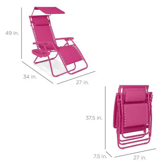 Alt view image 2 of 7 - Folding Zero Gravity Outdoor Recliner Patio Lounge Chair w/Adjustable Canopy Shade, Headrest, Side Accessory Tray, Textilene Mesh - Hot Pink