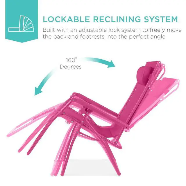 Alt view image 3 of 7 - Folding Zero Gravity Outdoor Recliner Patio Lounge Chair w/Adjustable Canopy Shade, Headrest, Side Accessory Tray, Textilene Mesh - Hot Pink