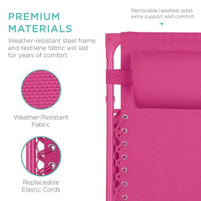 Alt view image 5 of 7 - Folding Zero Gravity Outdoor Recliner Patio Lounge Chair w/Adjustable Canopy Shade, Headrest, Side Accessory Tray, Textilene Mesh - Hot Pink