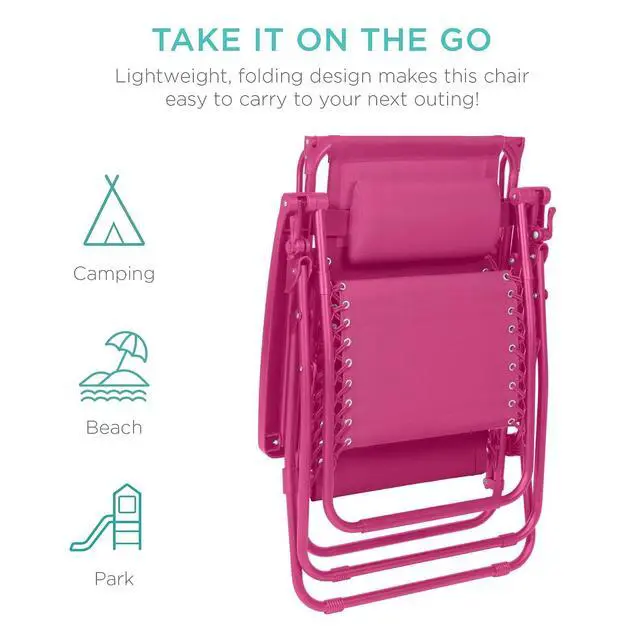 Alt view image 7 of 7 - Folding Zero Gravity Outdoor Recliner Patio Lounge Chair w/Adjustable Canopy Shade, Headrest, Side Accessory Tray, Textilene Mesh - Hot Pink