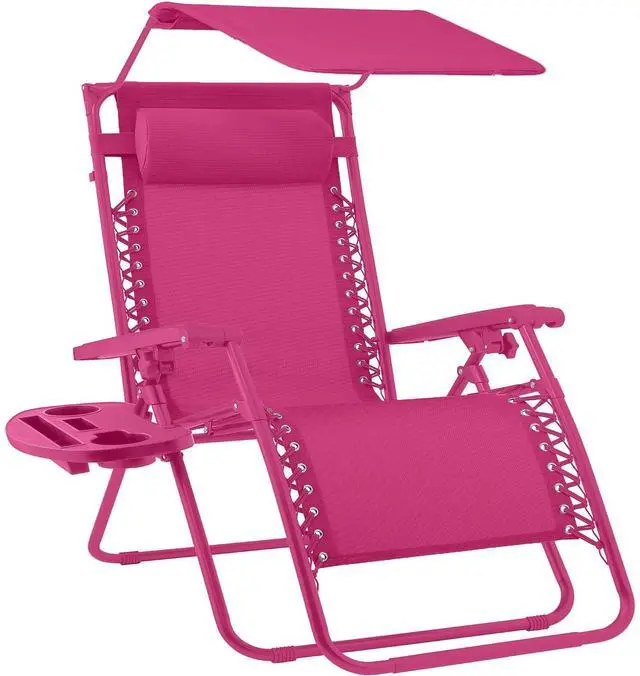 Main image of Folding Zero Gravity Outdoor Recliner Patio Lounge Chair w/Adjustable Canopy Shade, Headrest, Side Accessory Tray, Textilene Mesh - Hot Pink