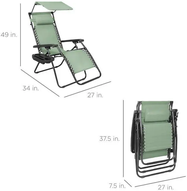 Alt view image 2 of 7 - Folding Zero Gravity Outdoor Recliner Patio Lounge Chair w/Adjustable Canopy Shade, Headrest, Side Accessory Tray, Textilene Mesh - Sage Green
