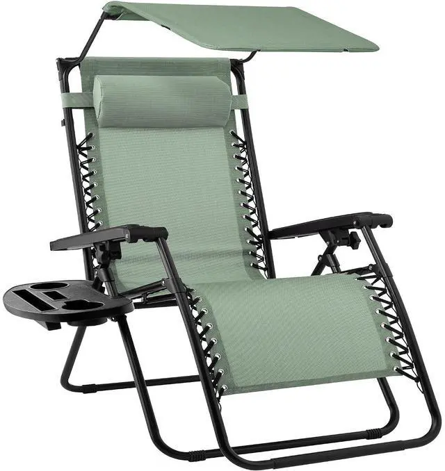 Main image of Folding Zero Gravity Outdoor Recliner Patio Lounge Chair w/Adjustable Canopy Shade, Headrest, Side Accessory Tray, Textilene Mesh - Sage Green
