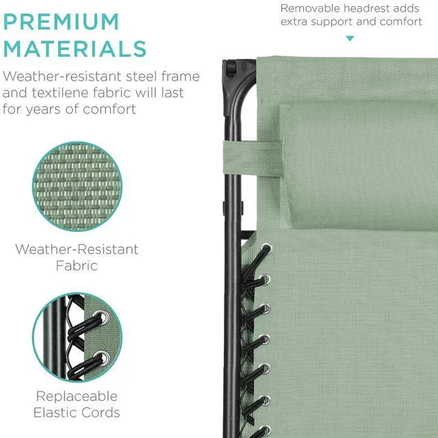 Alt view image 5 of 7 - Folding Zero Gravity Outdoor Recliner Patio Lounge Chair w/Adjustable Canopy Shade, Headrest, Side Accessory Tray, Textilene Mesh - Sage Green