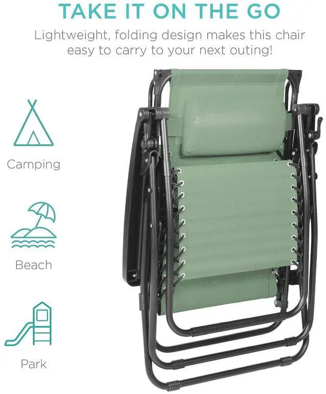Alt view image 7 of 7 - Folding Zero Gravity Outdoor Recliner Patio Lounge Chair w/Adjustable Canopy Shade, Headrest, Side Accessory Tray, Textilene Mesh - Sage Green