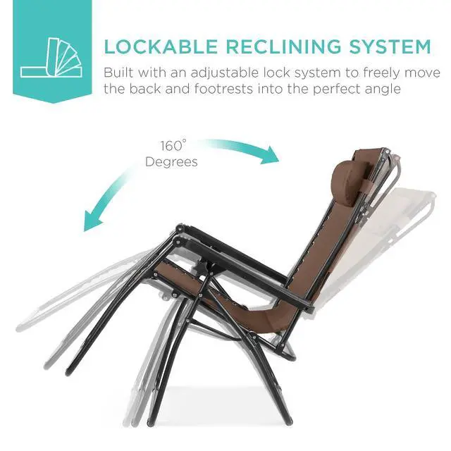 Alt view image 4 of 7 - Folding Zero Gravity Outdoor Recliner Patio Lounge Chair w/Adjustable Canopy Shade, Headrest, Side Accessory Tray, Textilene Mesh - Brown
