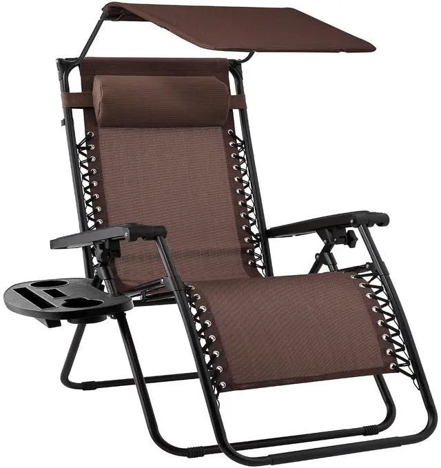 Main image of Folding Zero Gravity Outdoor Recliner Patio Lounge Chair w/Adjustable Canopy Shade, Headrest, Side Accessory Tray, Textilene Mesh - Brown