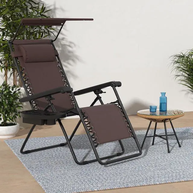 Alt view image 2 of 7 - Folding Zero Gravity Outdoor Recliner Patio Lounge Chair w/Adjustable Canopy Shade, Headrest, Side Accessory Tray, Textilene Mesh - Brown