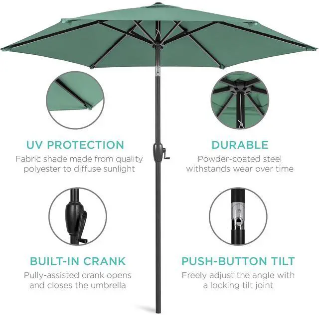 Alt view image 5 of 7 - 7.5ft Heavy-Duty Round Outdoor Market Table Patio Umbrella w/Steel Pole, Push Button Tilt, Easy Crank Lift - Seaglass