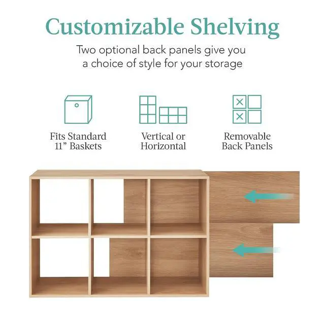 Alt view image 3 of 7 - Best Choice Products 6-Cube Storage Organizer, 11in Shelf Opening, Bookcase, Display Shelf, Customizable w/ 3 Removable Back Panels Light Oak