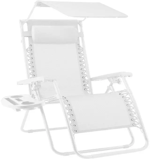 Main image of Folding Zero Gravity Outdoor Recliner Patio Lounge Chair w/Adjustable Canopy Shade, Headrest, Side Accessory Tray, Textilene Mesh - Snow