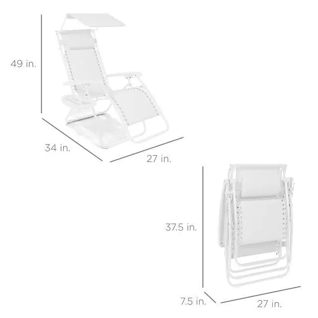 Alt view image 2 of 7 - Folding Zero Gravity Outdoor Recliner Patio Lounge Chair w/Adjustable Canopy Shade, Headrest, Side Accessory Tray, Textilene Mesh - Snow