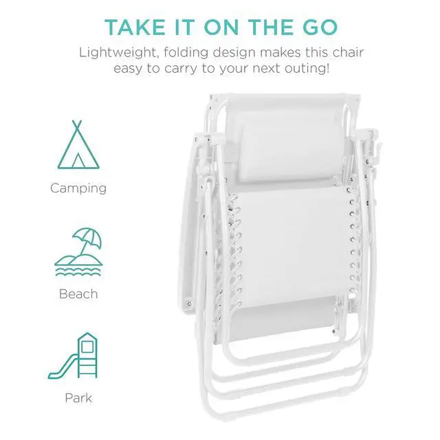 Alt view image 7 of 7 - Folding Zero Gravity Outdoor Recliner Patio Lounge Chair w/Adjustable Canopy Shade, Headrest, Side Accessory Tray, Textilene Mesh - Snow