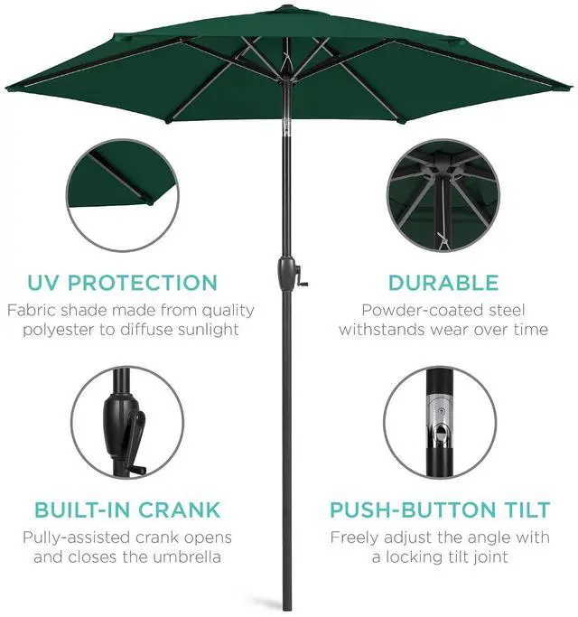 Alt view image 5 of 7 - 7.5ft Heavy-Duty Round Outdoor Market Table Patio Umbrella w/Steel Pole, Push Button Tilt, Easy Crank Lift - Green