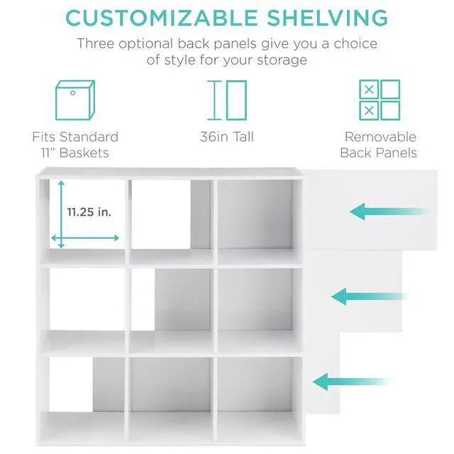 Alt view image 4 of 7 - Best Choice Products 9-Cube Storage Organizer, 11in Shelf Opening, Bookcase, Display Shelf, Customizable w/ 3 Removable Back Panels - White