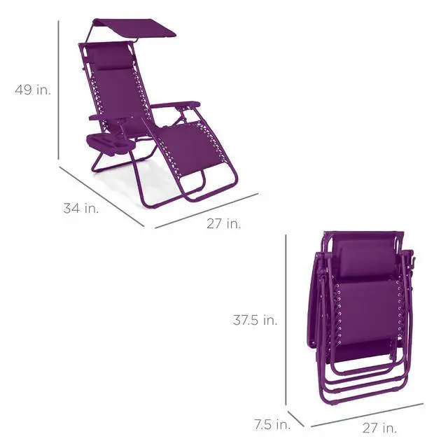 Alt view image 2 of 7 - Folding Zero Gravity Outdoor Recliner Patio Lounge Chair w/Adjustable Canopy Shade, Headrest, Side Accessory Tray, Textilene Mesh - Amethyst