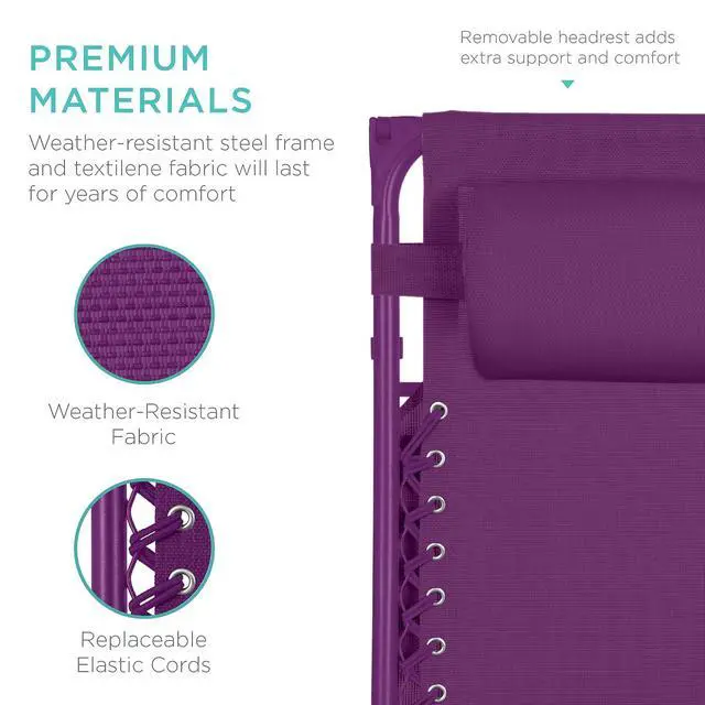 Alt view image 5 of 7 - Folding Zero Gravity Outdoor Recliner Patio Lounge Chair w/Adjustable Canopy Shade, Headrest, Side Accessory Tray, Textilene Mesh - Amethyst