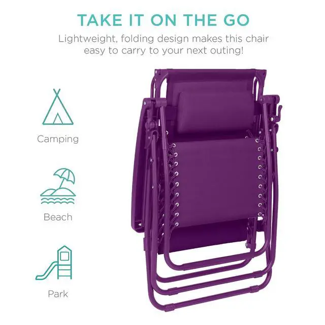 Alt view image 7 of 7 - Folding Zero Gravity Outdoor Recliner Patio Lounge Chair w/Adjustable Canopy Shade, Headrest, Side Accessory Tray, Textilene Mesh - Amethyst