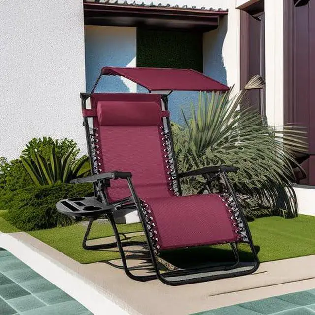 Alt view image 5 of 7 - Folding Zero Gravity Outdoor Recliner Patio Lounge Chair w/Adjustable Canopy Shade, Headrest, Side Accessory Tray, Textilene Mesh - Burgundy