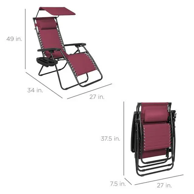 Alt view image 3 of 7 - Folding Zero Gravity Outdoor Recliner Patio Lounge Chair w/Adjustable Canopy Shade, Headrest, Side Accessory Tray, Textilene Mesh - Burgundy