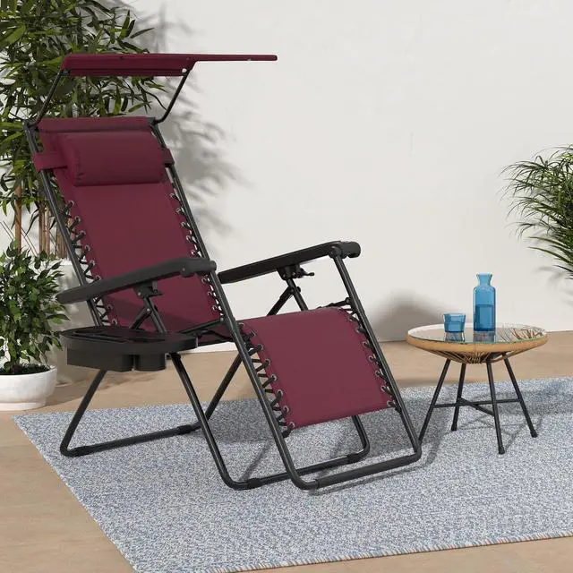 Alt view image 2 of 7 - Folding Zero Gravity Outdoor Recliner Patio Lounge Chair w/Adjustable Canopy Shade, Headrest, Side Accessory Tray, Textilene Mesh - Burgundy