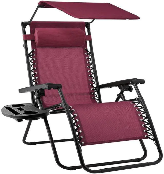 Main image of Folding Zero Gravity Outdoor Recliner Patio Lounge Chair w/Adjustable Canopy Shade, Headrest, Side Accessory Tray, Textilene Mesh - Burgundy