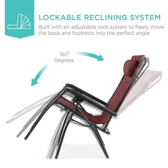 Alt view image 4 of 7 - Folding Zero Gravity Outdoor Recliner Patio Lounge Chair w/Adjustable Canopy Shade, Headrest, Side Accessory Tray, Textilene Mesh - Burgundy
