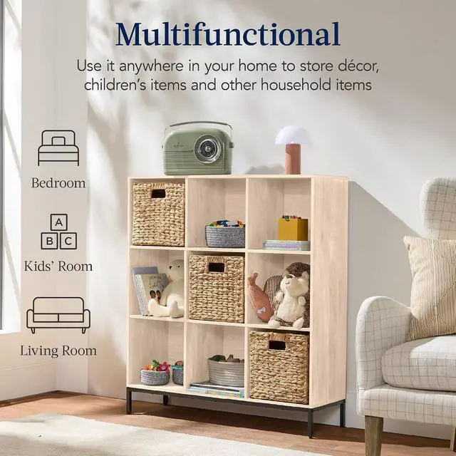 Alt view image 4 of 7 - Best Choice Products 9-Cube Bookshelf, 3-Tier Wood Storage Bookcase W/Legs, 11in Shelf Opening, Cube Organizer, Living Room, Office, Nursery - Light Oak