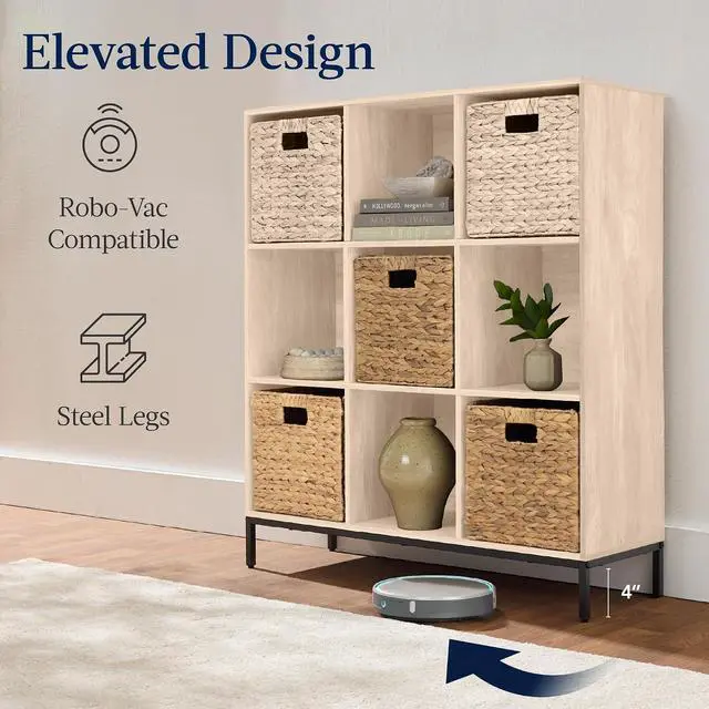 Alt view image 6 of 7 - Best Choice Products 9-Cube Bookshelf, 3-Tier Wood Storage Bookcase W/Legs, 11in Shelf Opening, Cube Organizer, Living Room, Office, Nursery - Light Oak