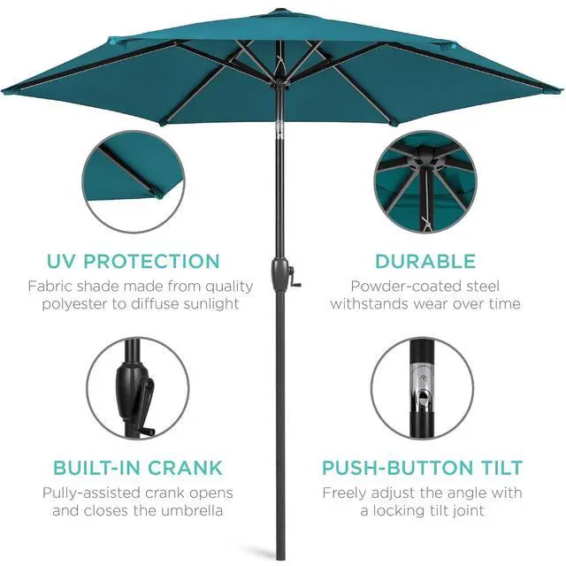 Alt view image 5 of 7 - 7.5ft Heavy-Duty Round Outdoor Market Table Patio Umbrella w/Steel Pole, Push Button Tilt, Easy Crank Lift - Cerulean