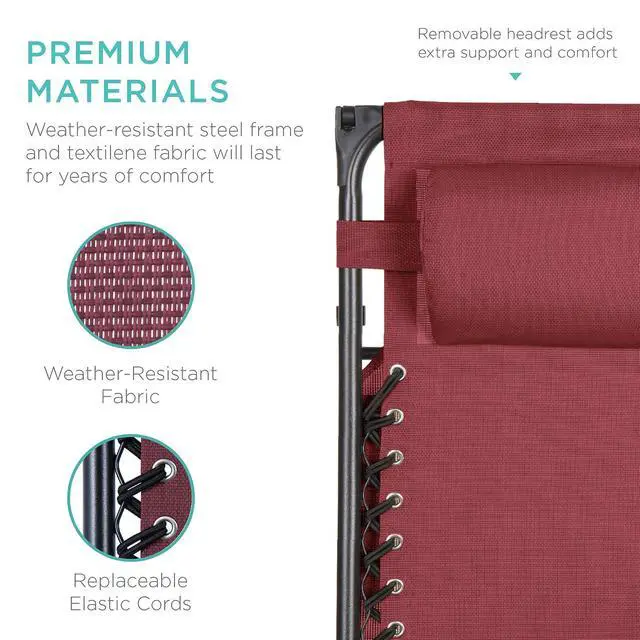 Alt view image 7 of 7 - Folding Zero Gravity Outdoor Recliner Patio Lounge Chair w/Adjustable Canopy Shade, Headrest, Side Accessory Tray, Textilene Mesh - Burgundy