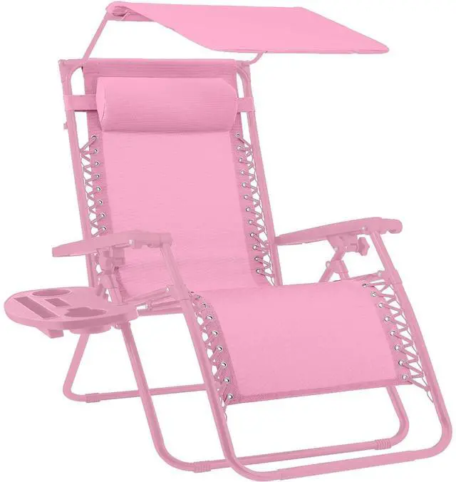 Main image of Folding Zero Gravity Outdoor Recliner Patio Lounge Chair w/Adjustable Canopy Shade, Headrest, Side Accessory Tray, Textilene Mesh - Carnation