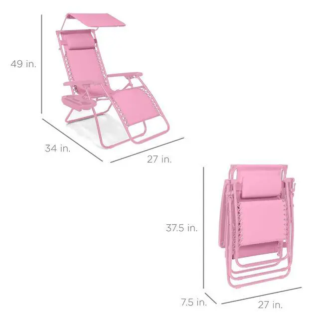 Alt view image 2 of 7 - Folding Zero Gravity Outdoor Recliner Patio Lounge Chair w/Adjustable Canopy Shade, Headrest, Side Accessory Tray, Textilene Mesh - Carnation