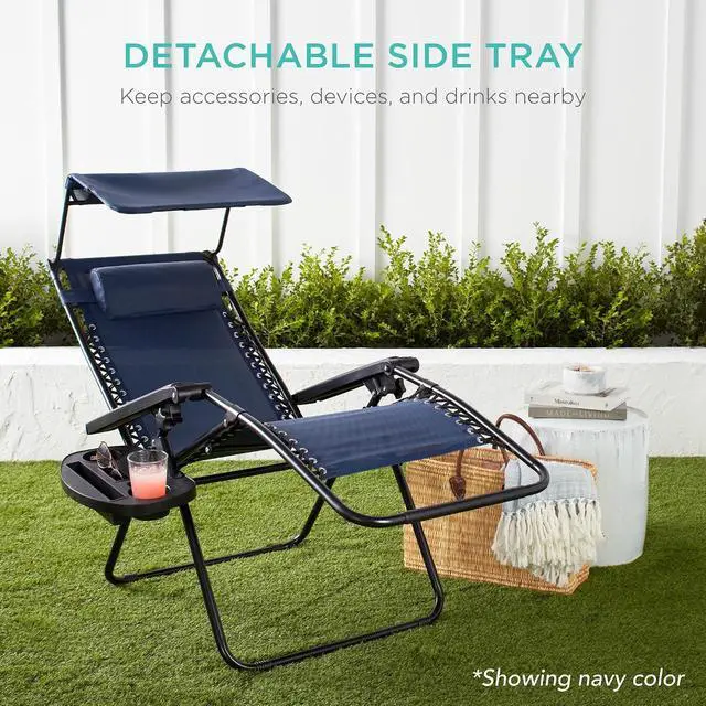 Alt view image 6 of 7 - Folding Zero Gravity Outdoor Recliner Patio Lounge Chair w/Adjustable Canopy Shade, Headrest, Side Accessory Tray, Textilene Mesh - Dove Gray