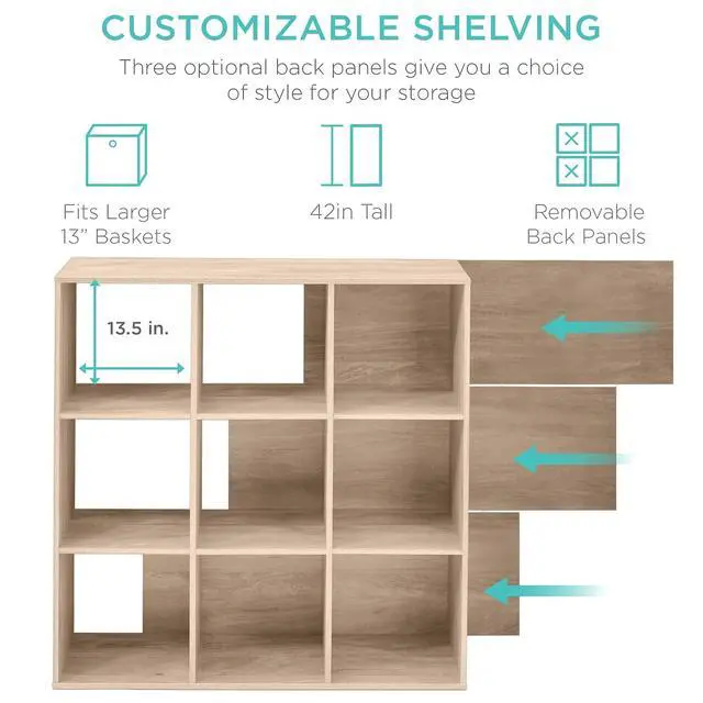 Alt view image 3 of 7 - Best Choice Products 9-Cube Storage Organizer, 13.5in Shelf Opening, Bookcase, Display Shelf, Customizable w/ 3 Removable Back Panels Light Oak