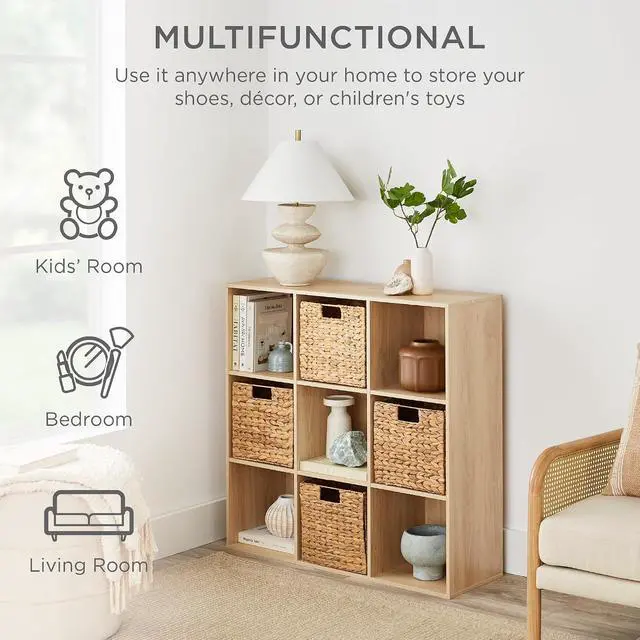 Alt view image 4 of 7 - Best Choice Products 9-Cube Storage Organizer, 13.5in Shelf Opening, Bookcase, Display Shelf, Customizable w/ 3 Removable Back Panels Light Oak