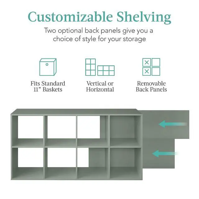 Alt view image 3 of 7 - Best Choice Products Kids Bookcase 8-Cube Storage Organizer, 11in Shelf Opening, Bookshelf, Toy Storage, Customizable w/ 3 Removable Back Panels Sage
