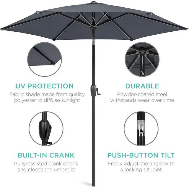 Alt view image 5 of 7 - 7.5ft Heavy-Duty Round Outdoor Market Table Patio Umbrella w/Steel Pole, Push Button Tilt, Easy Crank Lift - Slate