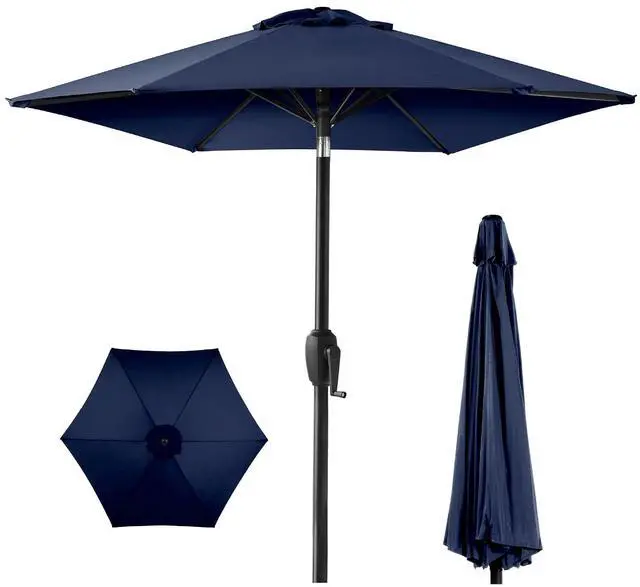 Main image of 7.5ft Heavy-Duty Round Outdoor Market Table Patio Umbrella w/Steel Pole, Push Button Tilt, Easy Crank Lift - Navy Blue
