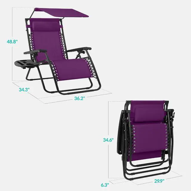 Alt view image 2 of 7 - 30 Wide Folding Zero Gravity Outdoor Recliner Patio Lounge Chair w/Adjustable Canopy Shade, Headrest, Side Accessory Tray - Amethyst Purple